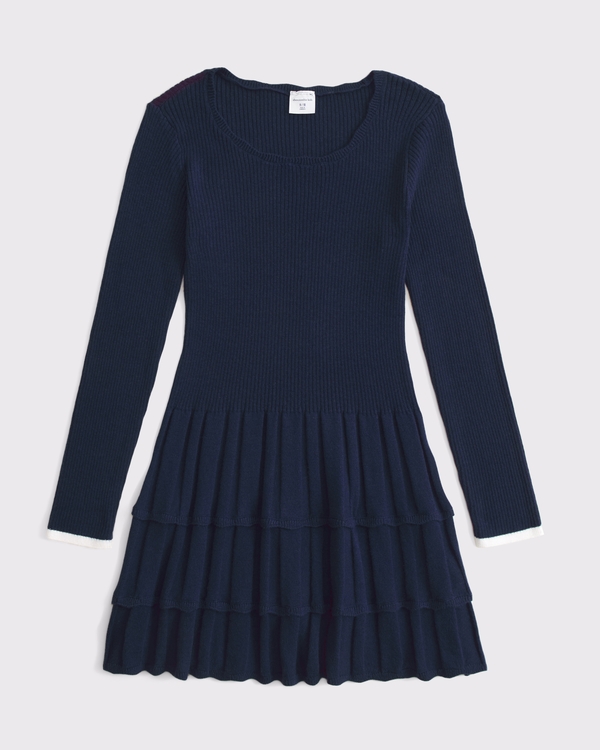 long-sleeve tiered mini sweater dress, Navy view 1