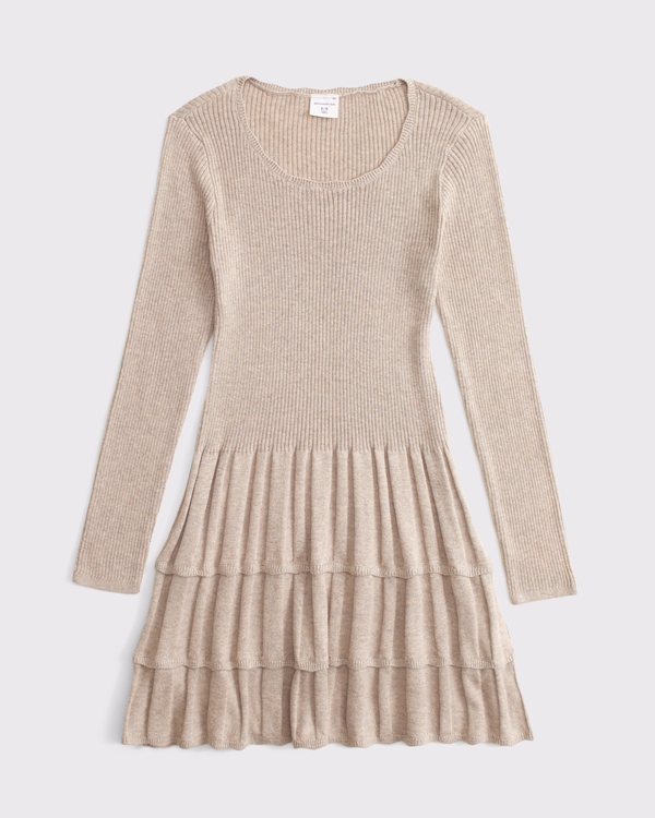 long-sleeve tiered mini sweater dress, Brown view 1