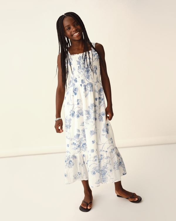 smocked maxi dress, White And Blue Floral view 1