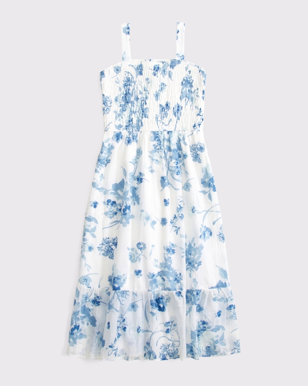 smocked maxi dress, White And Blue Floral view 1