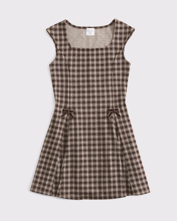 pleated bow mini dress, Brown Plaid view 1