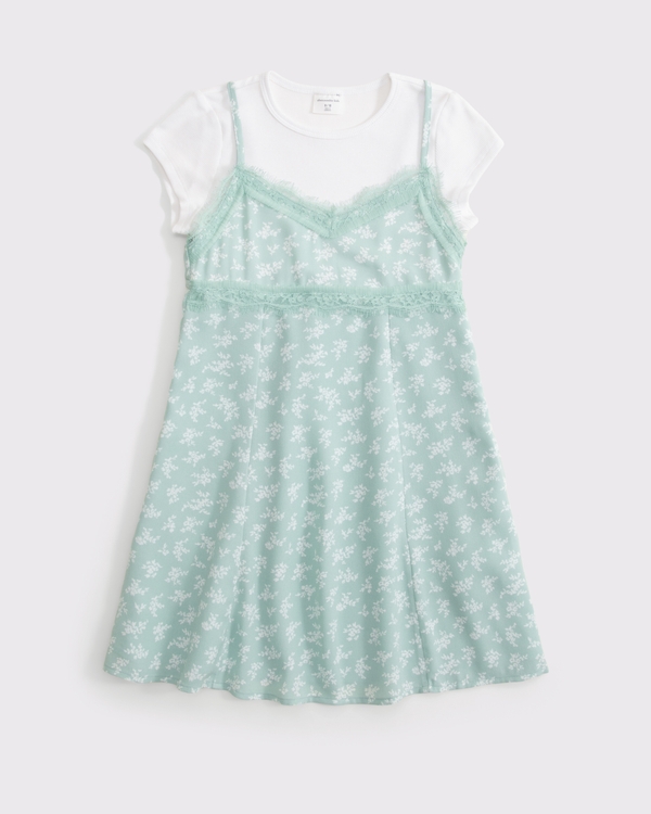 lace-trim twofer dress, Faded Teal Floral view 1