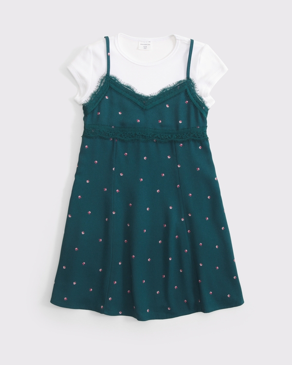 lace-trim twofer dress, Teal Pattern view 1