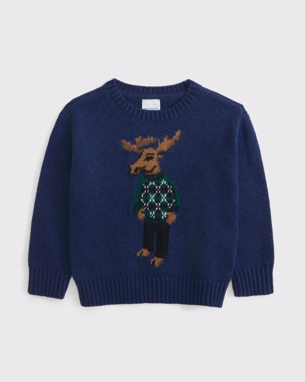 toddler moose graphic crew sweater, Navy Marl view 1
