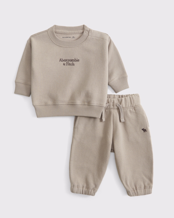 baby essential logo crew sweatshirt set, Taupe view 1