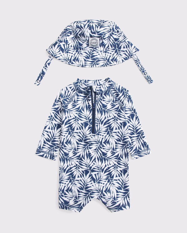 baby long-sleeve rashguard swimsuit set, Navy Print view 1