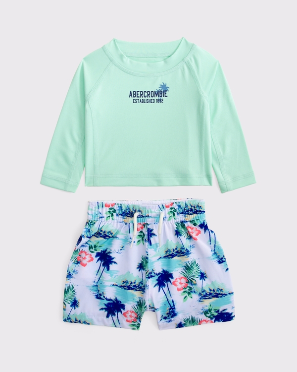 baby swimsuit set, Green And White Print view 1