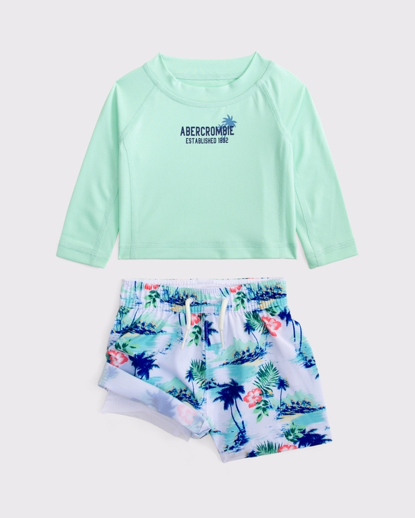 baby swimsuit set, Green And White Print view 2