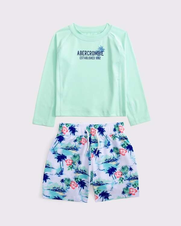 toddler swimsuit set, Green And White Print view 1