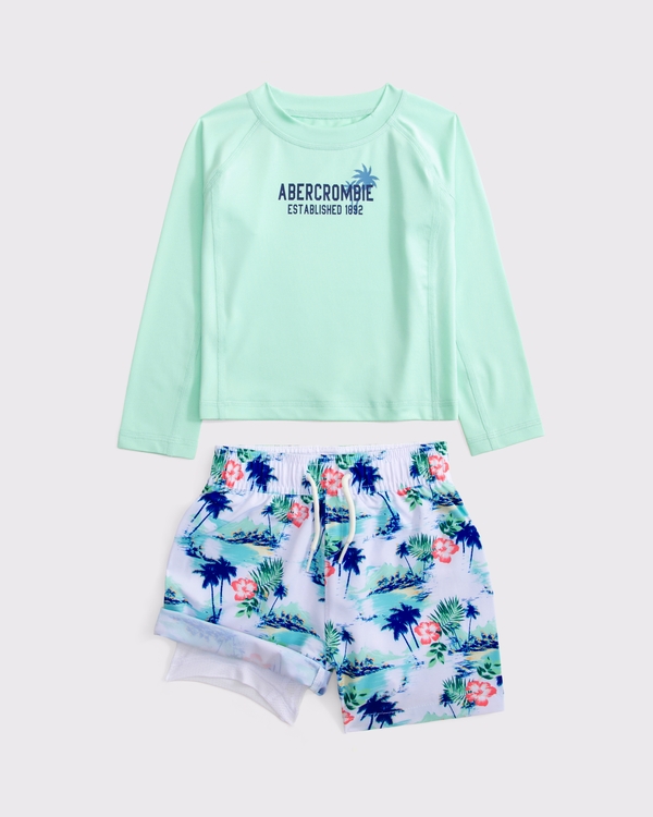 toddler swimsuit set, Green And White Print view 2