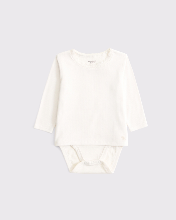 baby long-sleeve lace-trim bodysuit, Cream view 1
