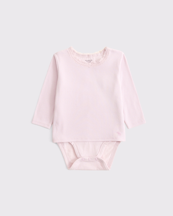 baby long-sleeve lace-trim bodysuit, Ballet Pink view 1