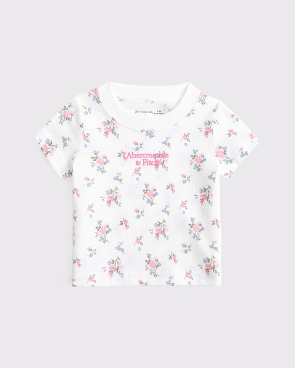 Camiseta esencial para bebé con logo bordado y cuello redondo, Floral Blanco view 1