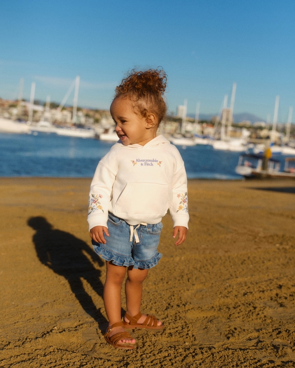 baby embroidered ruffle denim shorts, Light Wash view 1