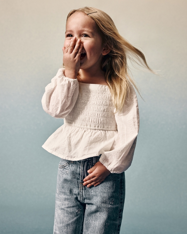 toddler long-sleeve smocked peplum top, White view 1