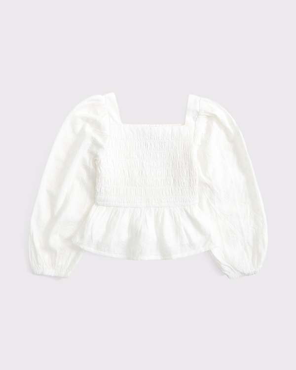 toddler long-sleeve smocked peplum top, White view 2