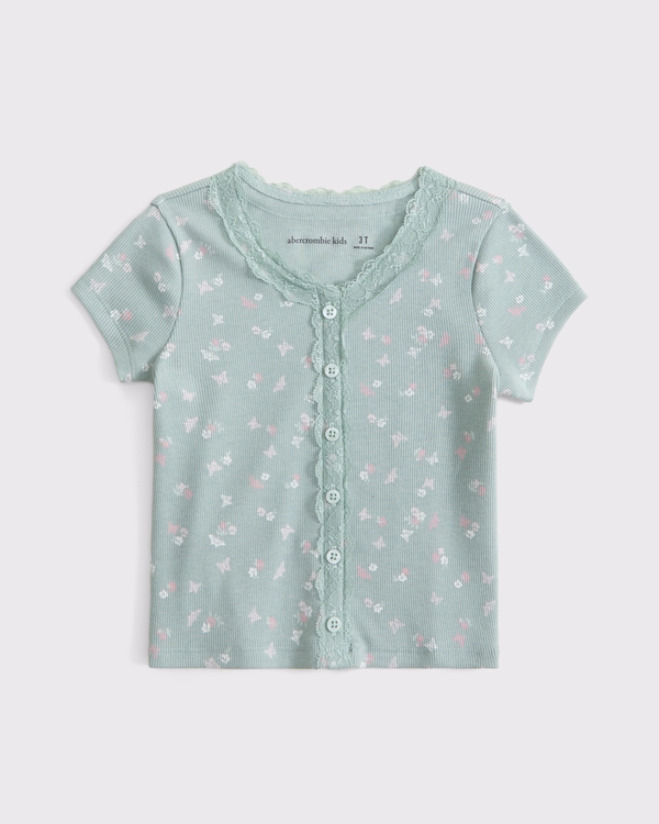 toddler lace-trim button-through top, Sea Gray Print view 1