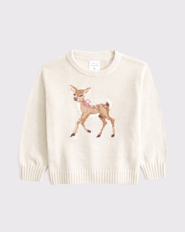toddler deer graphic crew sweater, Cream view 1