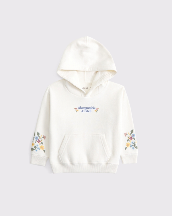 toddler embroidered logo popover hoodie, Cream view 1