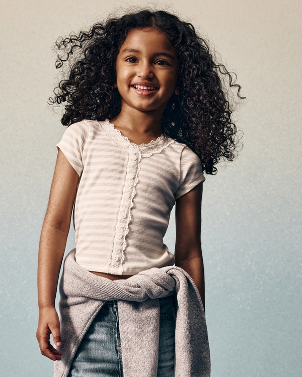 toddler lace-trim button shirt, Light Brown Stripe view 1