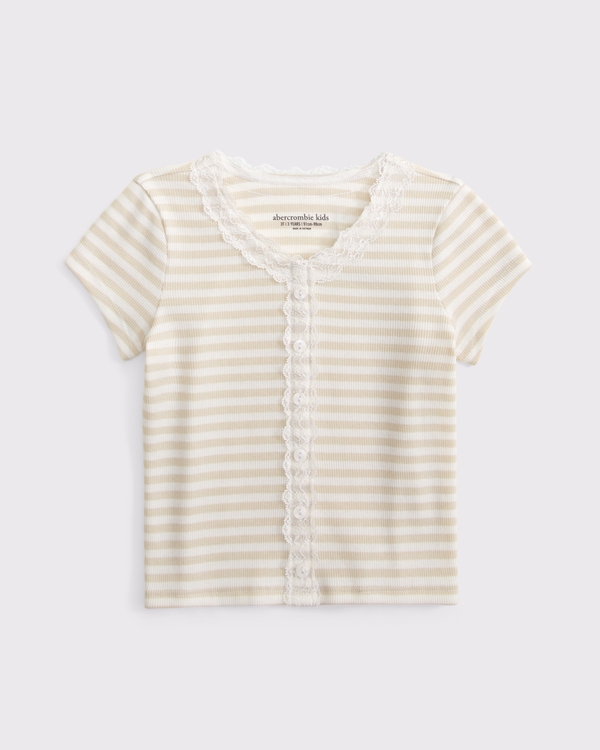toddler lace-trim button shirt, Light Brown Stripe view 1