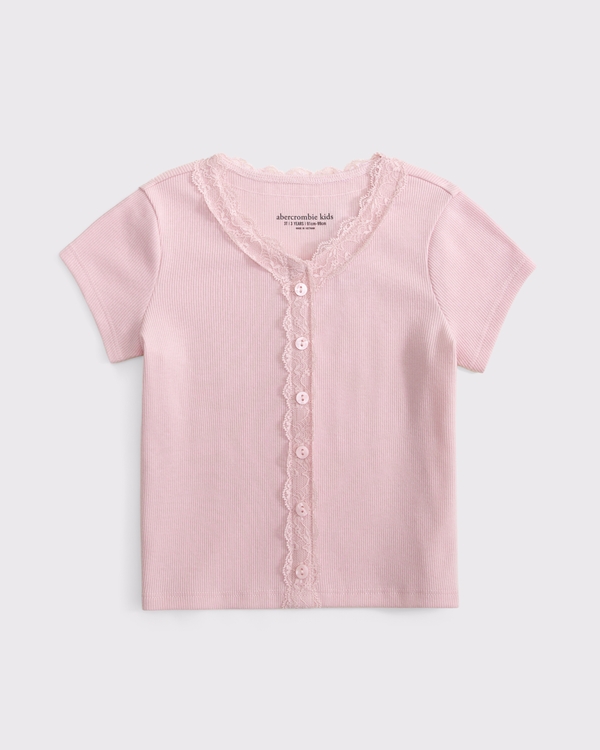 toddler lace-trim button shirt, Baby Pink view 1