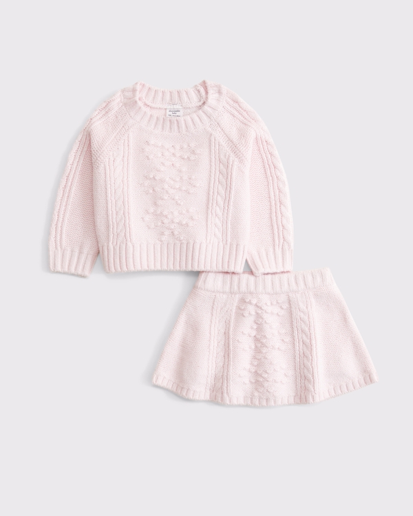 baby bow cable sweater and skirt set, Light Pink view 1