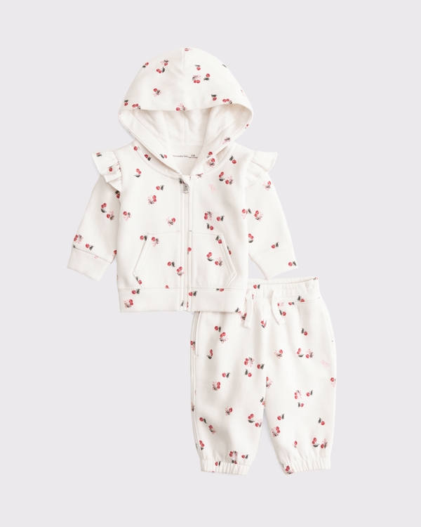 baby flutter sleeve icon full-zip hoodie set, Cream Cherrt Print view 1