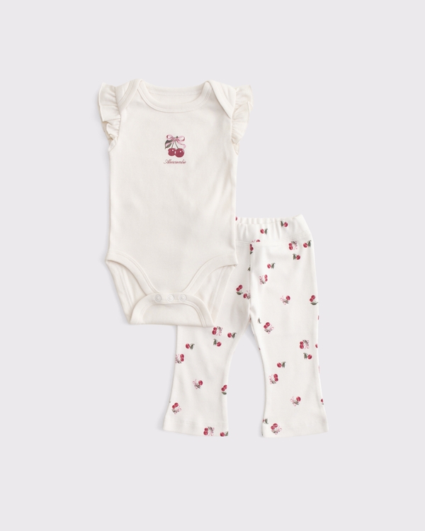 baby flutter sleeve logo bodysuit & flare leggings set, Cream Pattern view 1