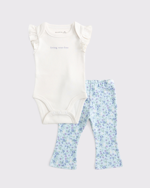 baby flutter sleeve logo bodysuit & flare leggings set, Blue Floral view 1