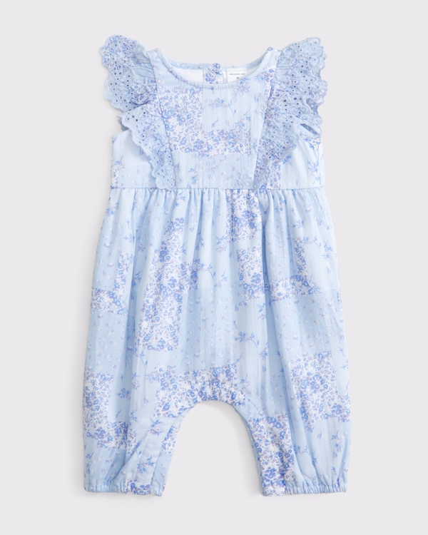 baby flutter sleeve eyelet jumpsuit, Blue Patchwork Floral view 1