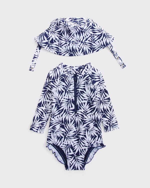baby long-sleeve one-piece swimsuit set, Navy Print view 1