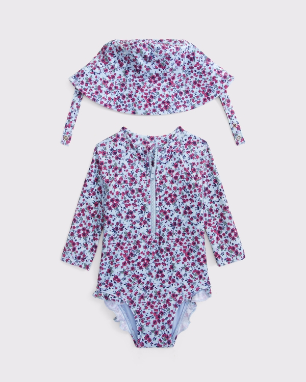 baby long-sleeve one-piece swimsuit set, Blue Floral view 1