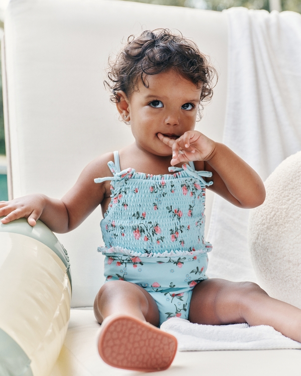 baby smocked swimsuit, Aqua Print view 1