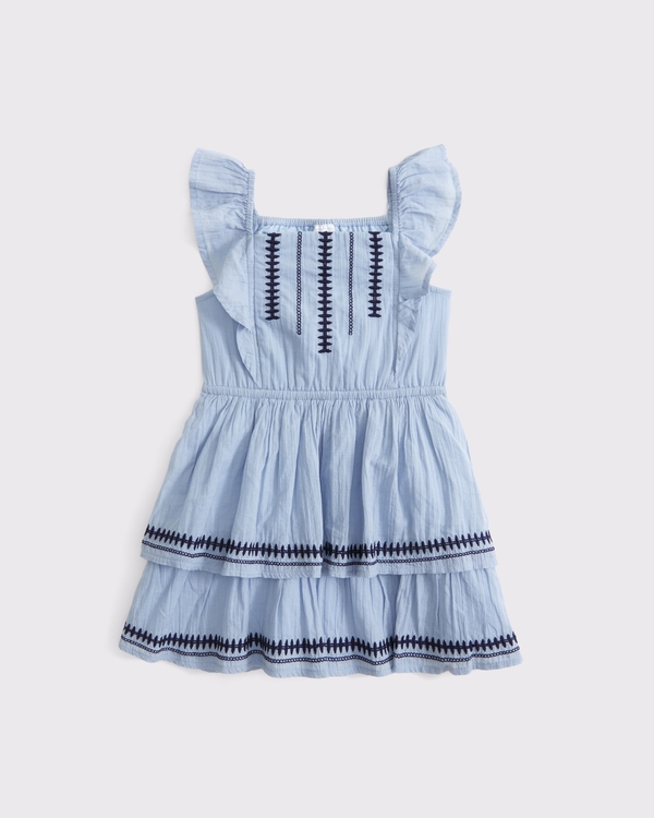 toddler embroidered flutter sleeve tiered dress, Blue Gray view 1