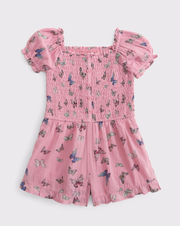 mono fruncido tipo nido de abeja abotonado para niña pequeña, Estampado Rosado view 1