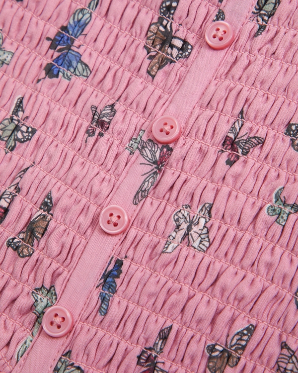 mono fruncido tipo nido de abeja abotonado para niña pequeña, Estampado Rosado view 2