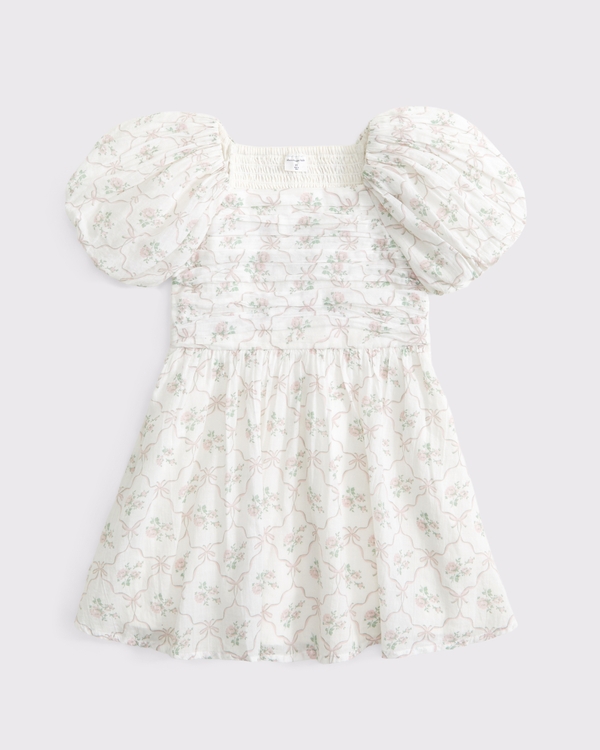 toddler emerson puff sleeve dress, Cream Print view 1