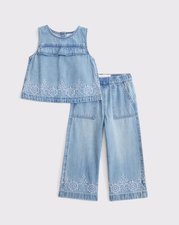 toddler denim embroidered tank & pants set