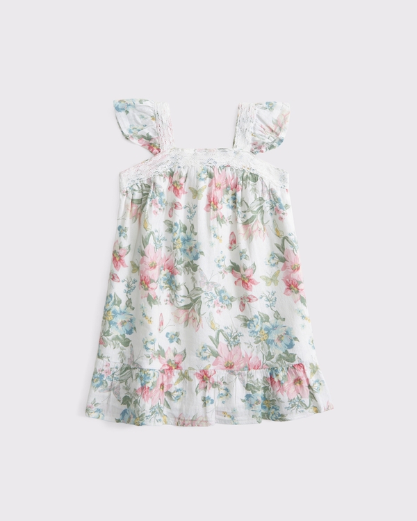 toddler lace-trim flutter sleeve dress, White Floral view 1