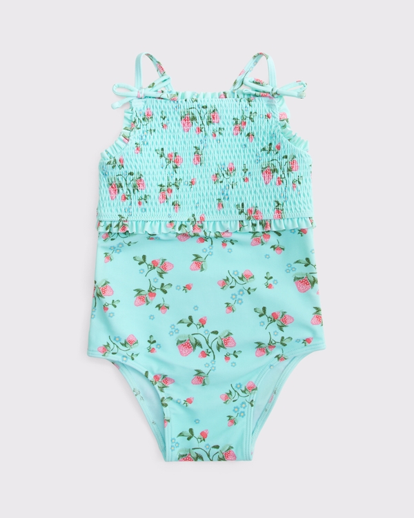 traje de baño con bordado de nido de abeja para niños pequeños, Estampado Aqua view 1