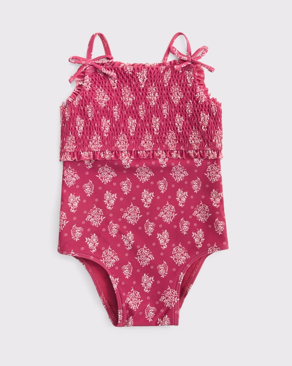toddler smocked swimsuit, Red Print view 1