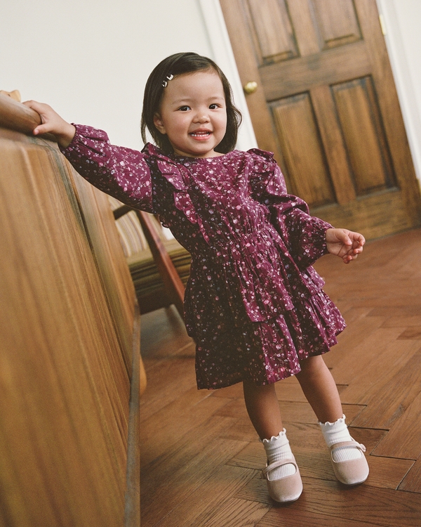 toddler long-sleeve tiered dress, Burgundy Floral view 1