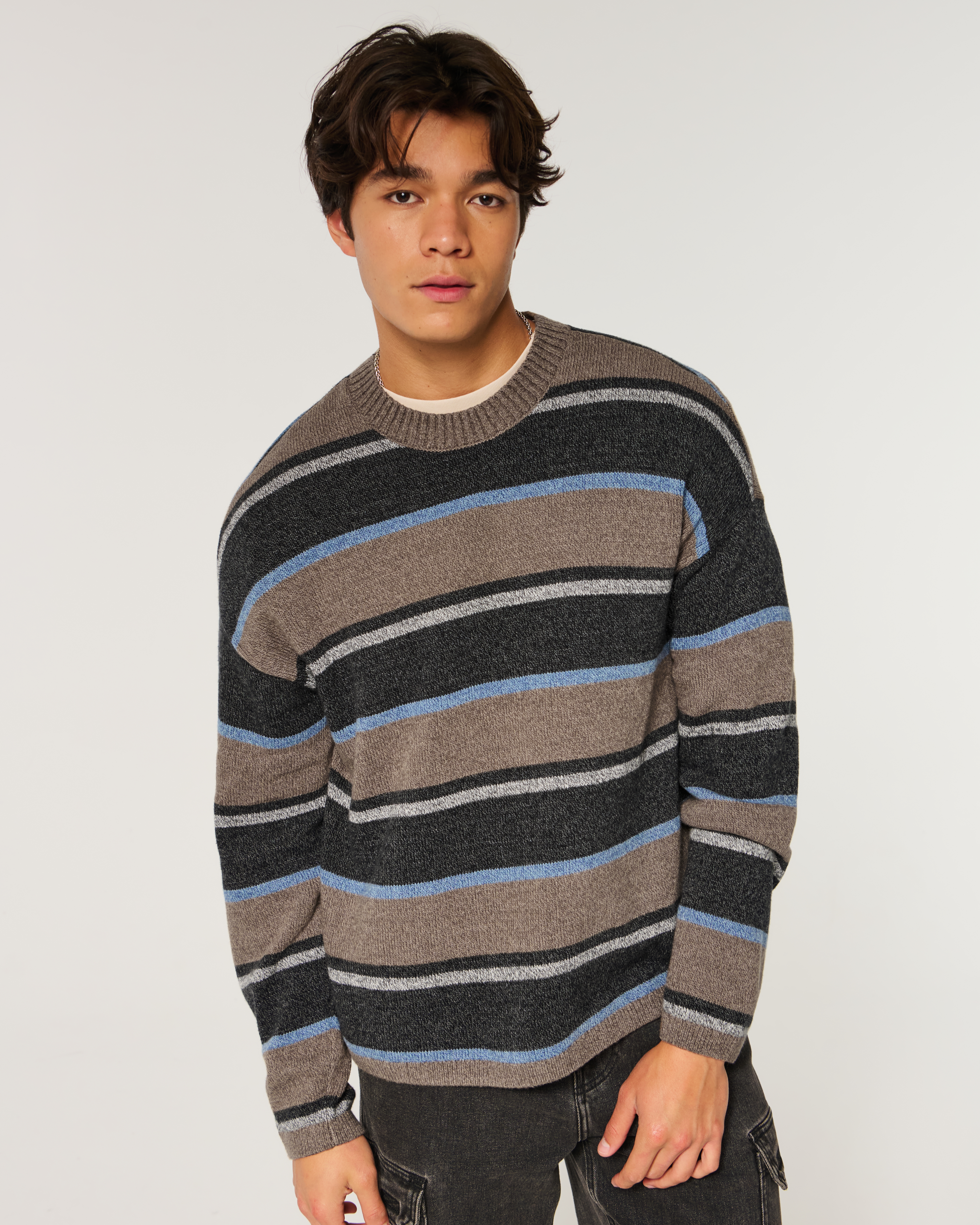 Мужской свитер Hollister Boxy Striped Crew, цвет: Коричневый полосатый, вариант 1 — фото 2
