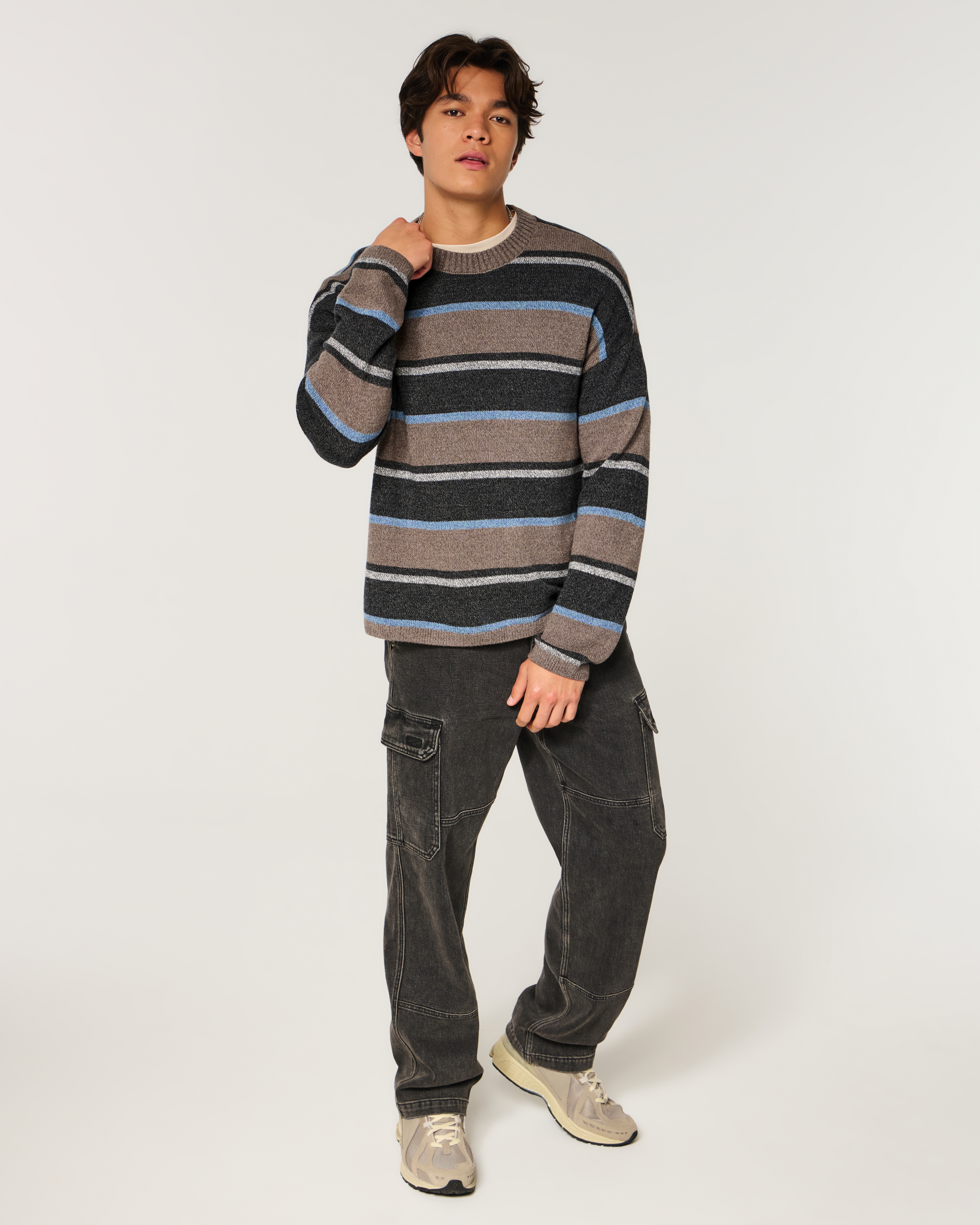 Мужской свитер Hollister Boxy Striped Crew, цвет: Коричневый полосатый, вариант 1 — фото 3