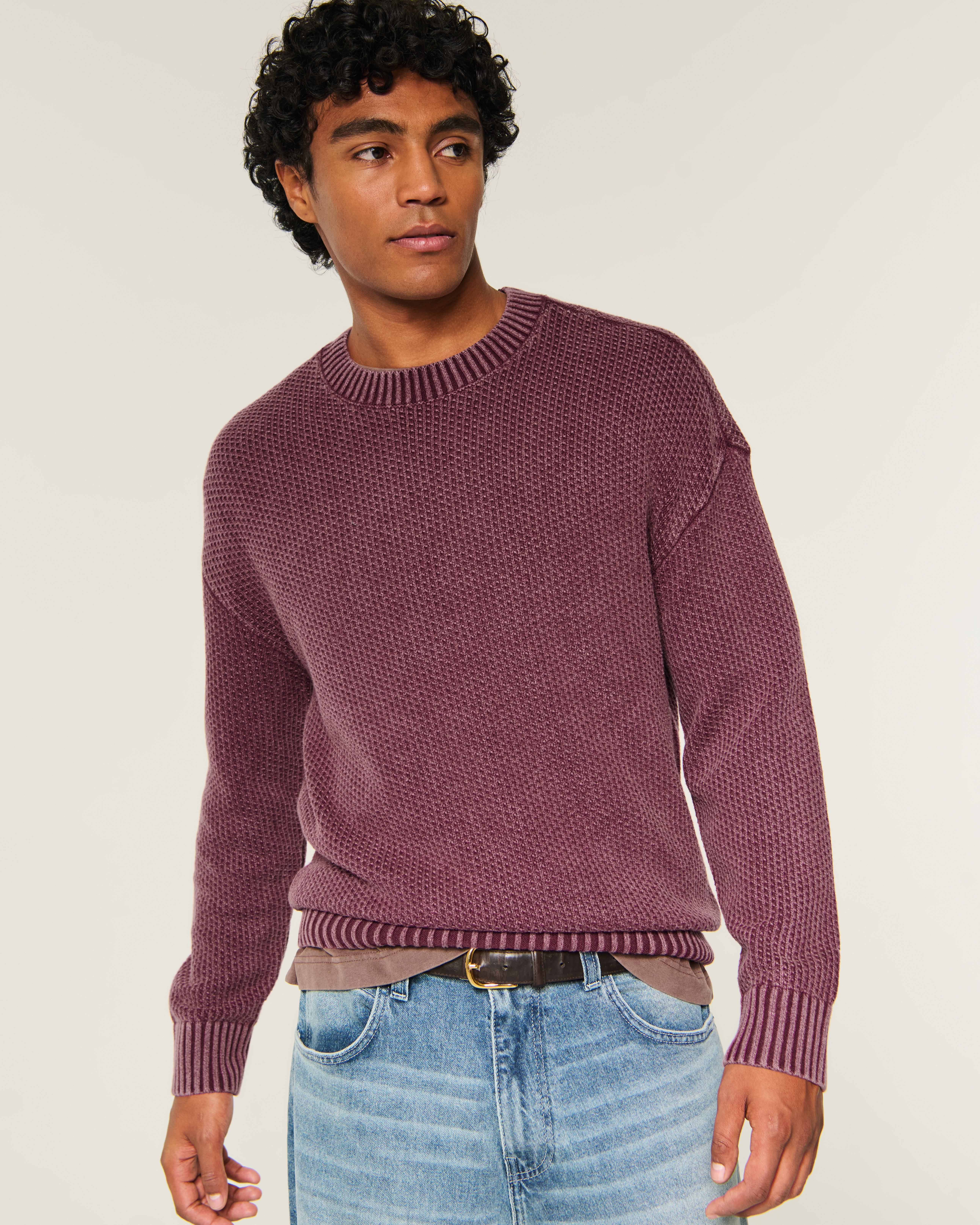 Мужской свитер Hollister Boxy Washed Waffle Crew, цвет: Бордовый — фото 2