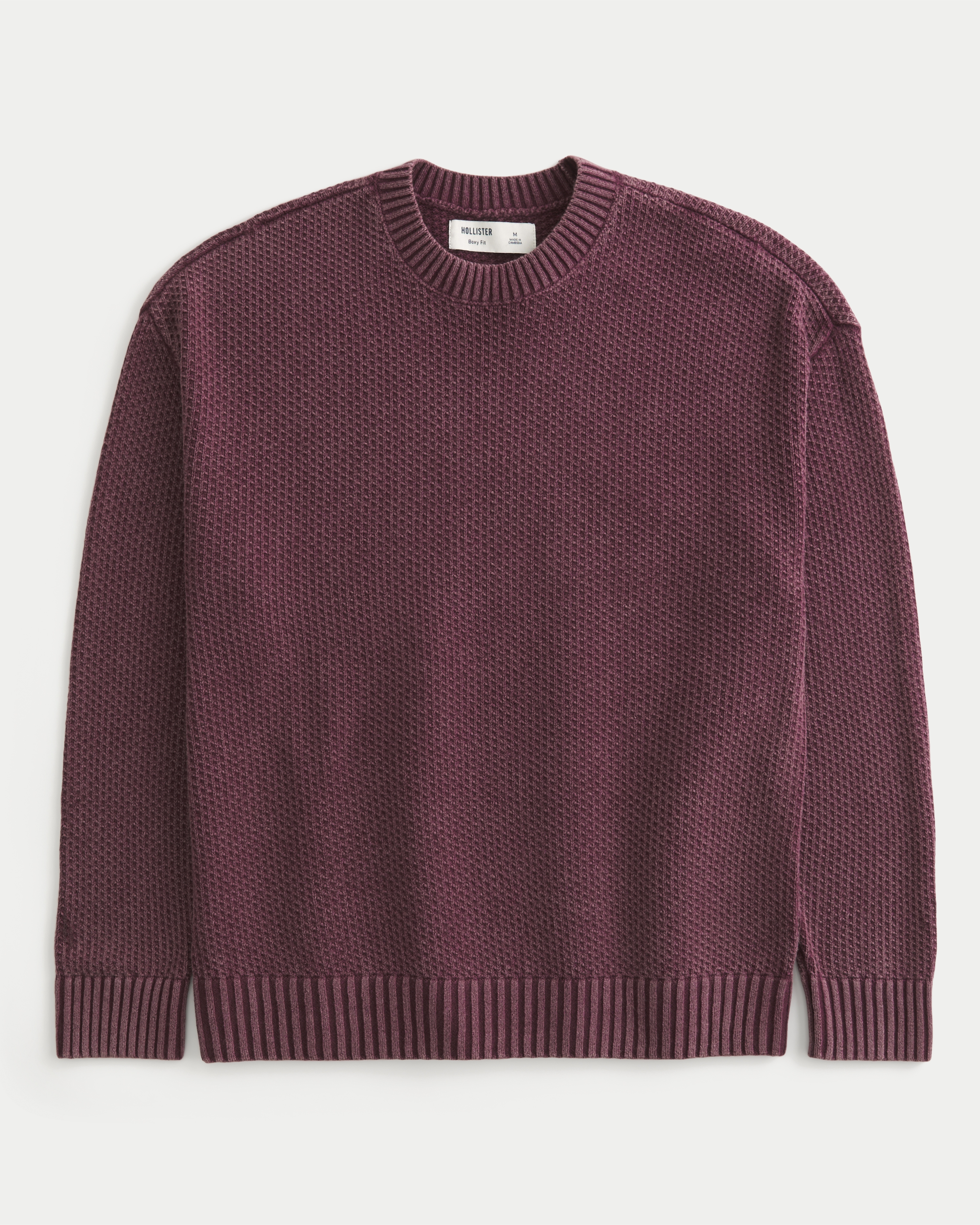 Мужской свитер Hollister Boxy Washed Waffle Crew, цвет: Бордовый