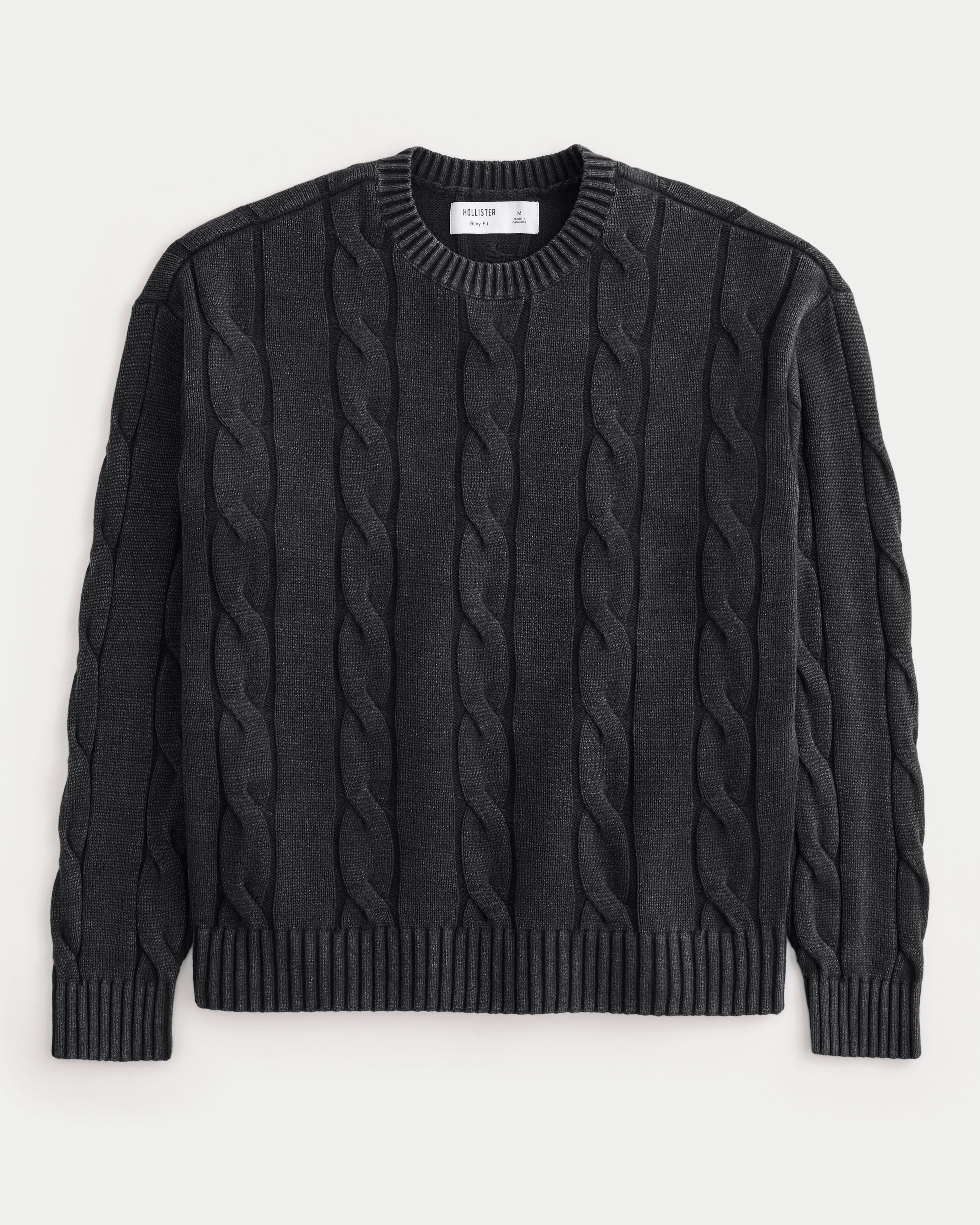 Мужской свитер Hollister Boxy Washed Cable-Knit Crew, цвет: Угольный