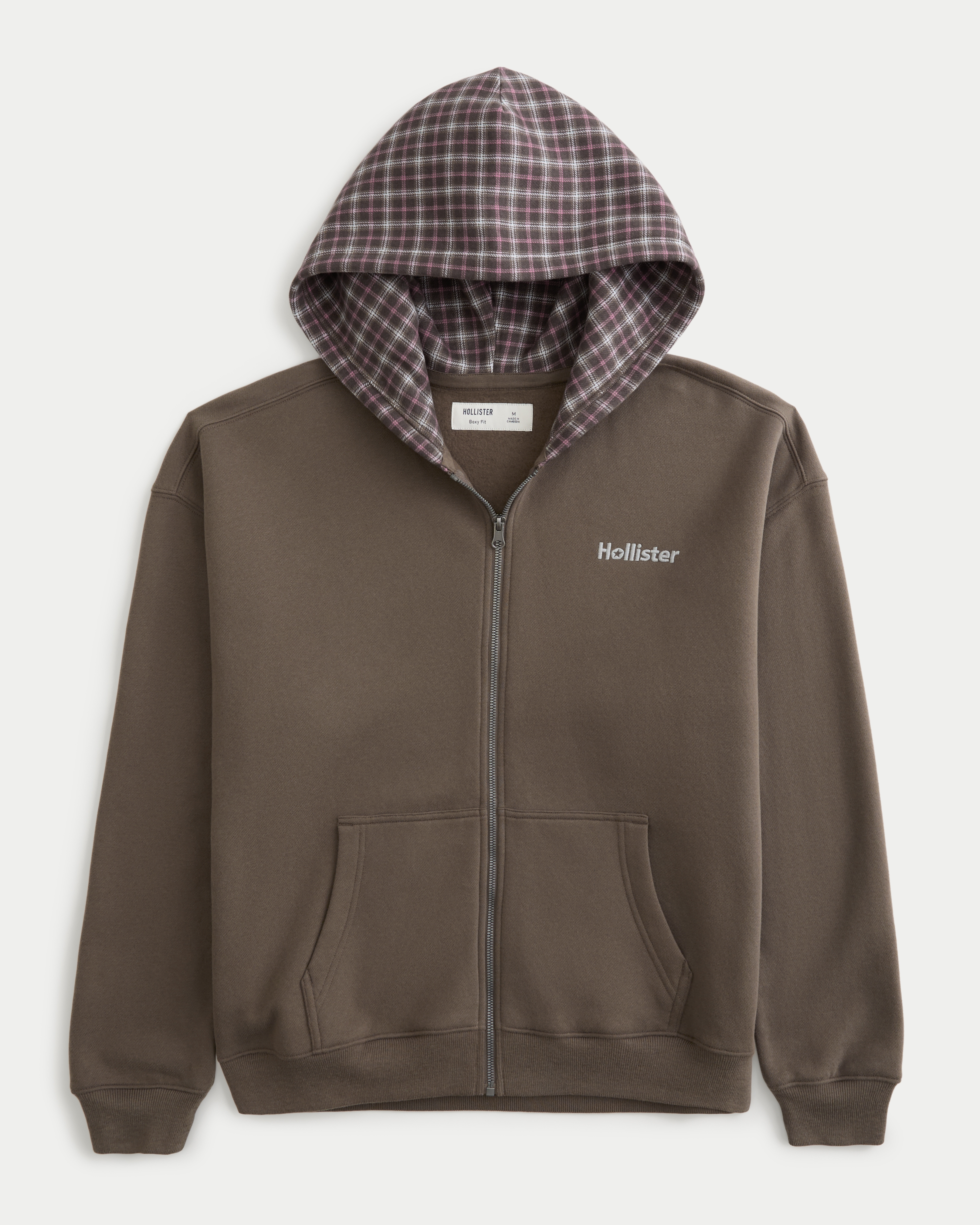 Мужское худи Hollister Boxy Plaid Hood Zip-Up, цвет: Коричневый — фото 1
