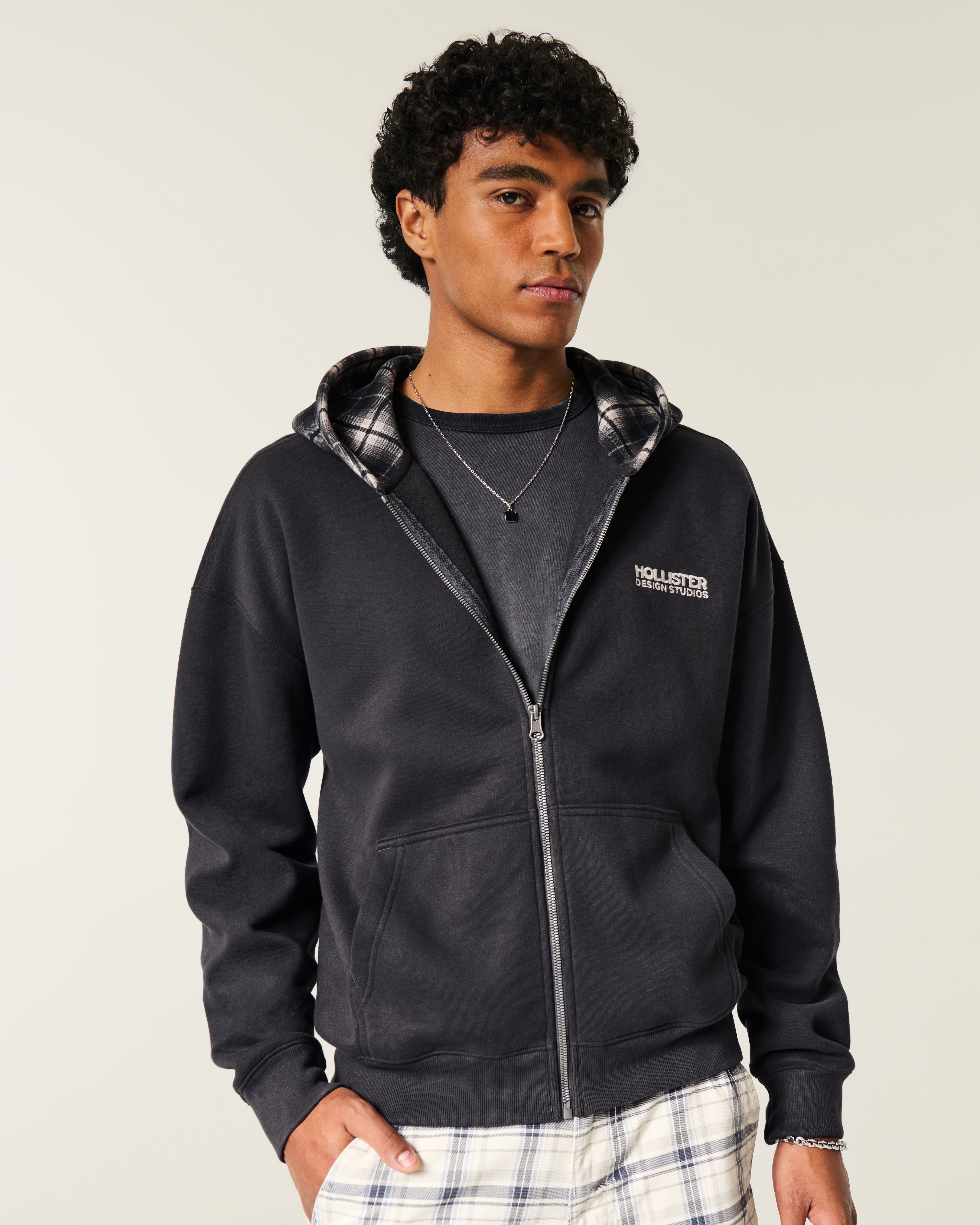 Мужские худи Hollister Boxy Zip-Up Plaid Hood Logo — фото 3